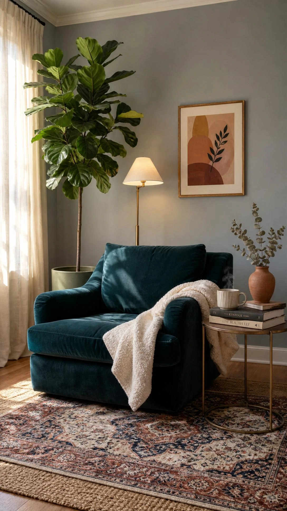 Deep teal velvet armchair with a cream boucle throw in a luxury reading nook, showing how one quiet corner can ground an eclectic home design