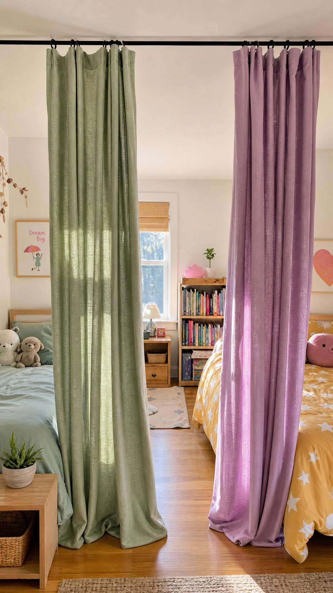 Floor-to-ceiling curtain room divider on a ceiling track splitting a shared kids bedroom into two personal spaces with sage green and cheerful patterned panels