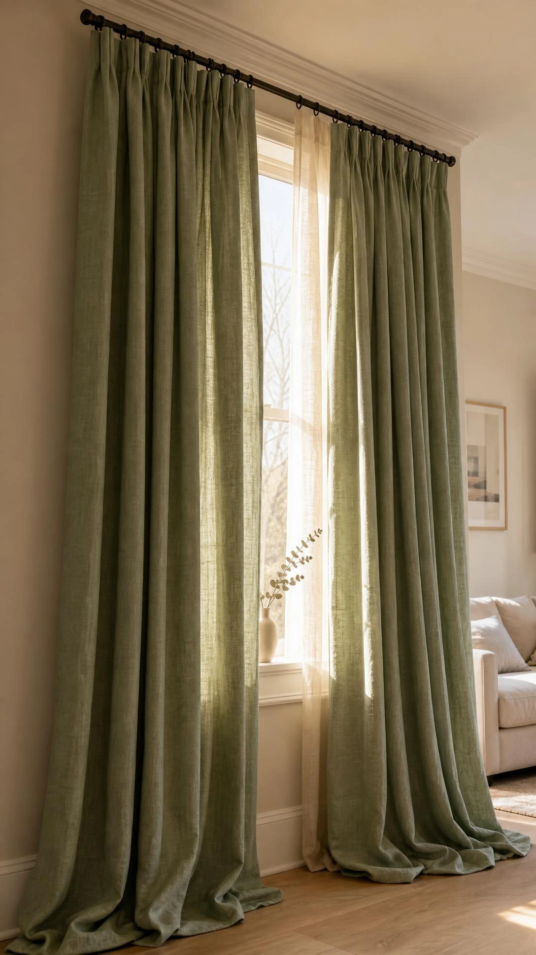 Dusty sage linen curtains hung floor-to-ceiling near a bedroom window, rod mounted close to the ceiling to make walls appear taller — a budget curtain hack