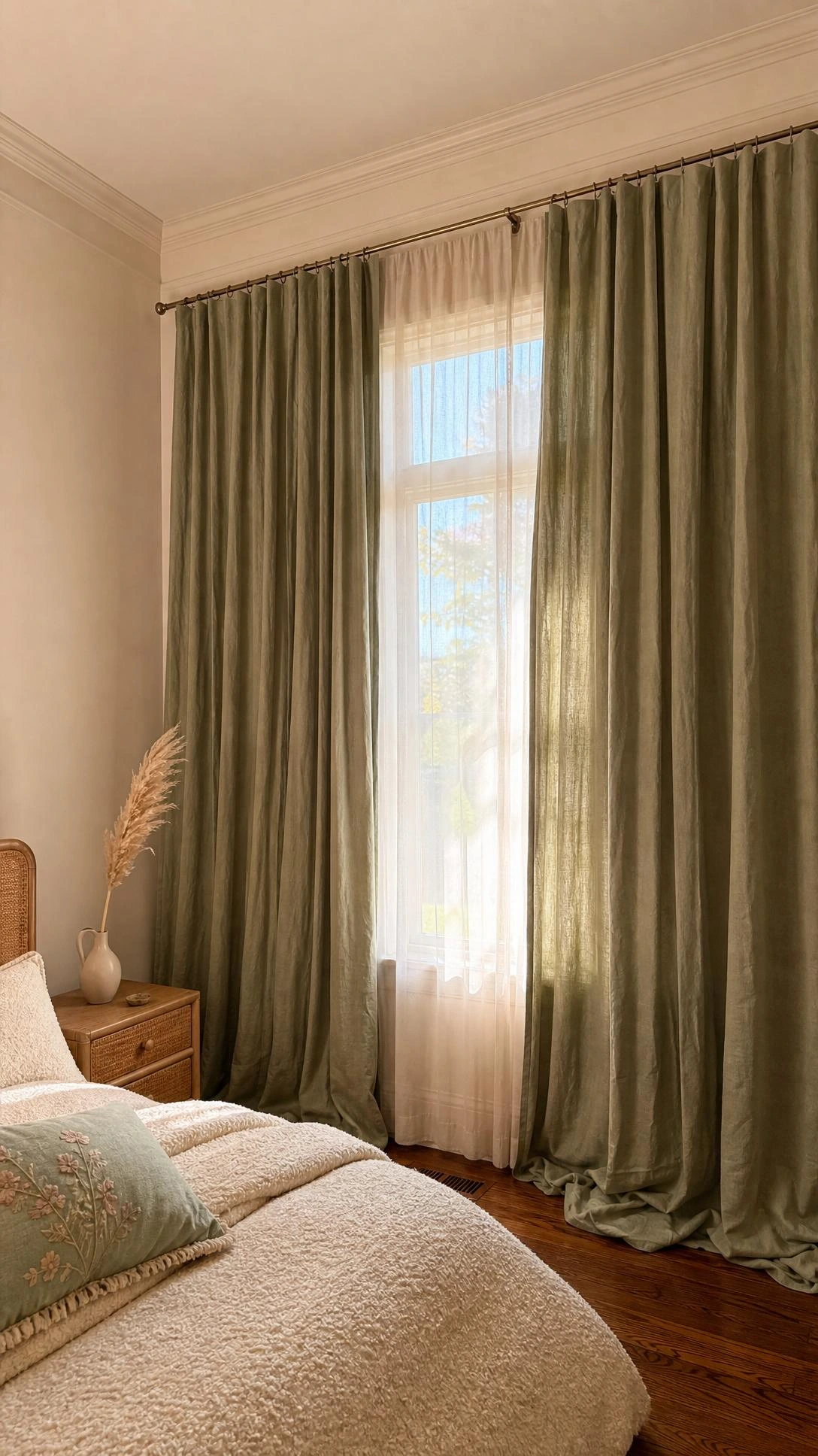 Dusty sage green linen curtains hung near the crown molding and extending wide beyond the window frame, a simple trick that makes the bedroom wall and ceiling feel taller