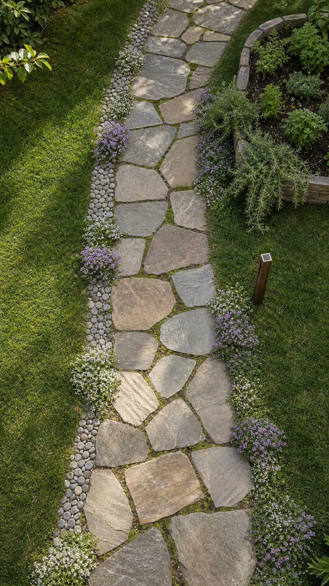 Overhead view of a curved flagstone paving path winding through a small backyard garden, showing how a tiny yard can feel intentional and inviting