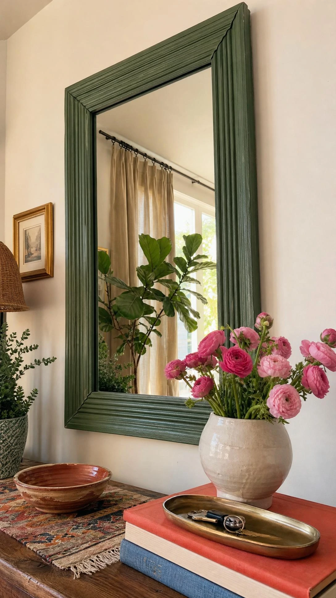 Tall entryway mirror with a chunky sage green custom mirror frame above a narrow console, showing budget DIY style.
