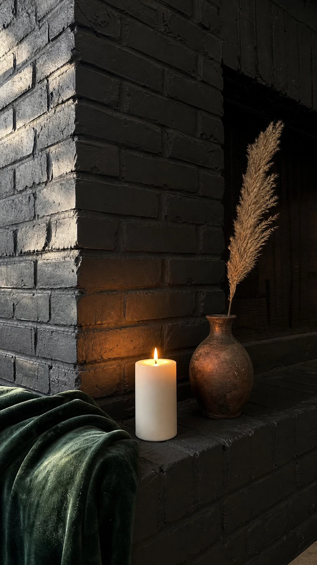 Dark charcoal-painted brick fireplace surround with crisp mortar lines and matte finish, a white ceramic pillar candle resting on the hearth adds moody contrast