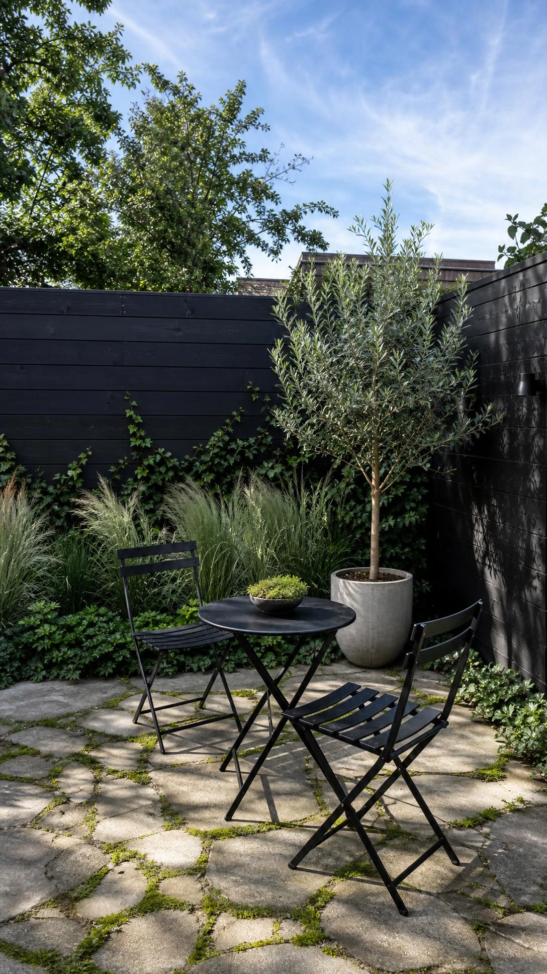 Compact urban garden enclosed by a deep charcoal matte black fence that visually expands the small outdoor space, a clever small garden trick