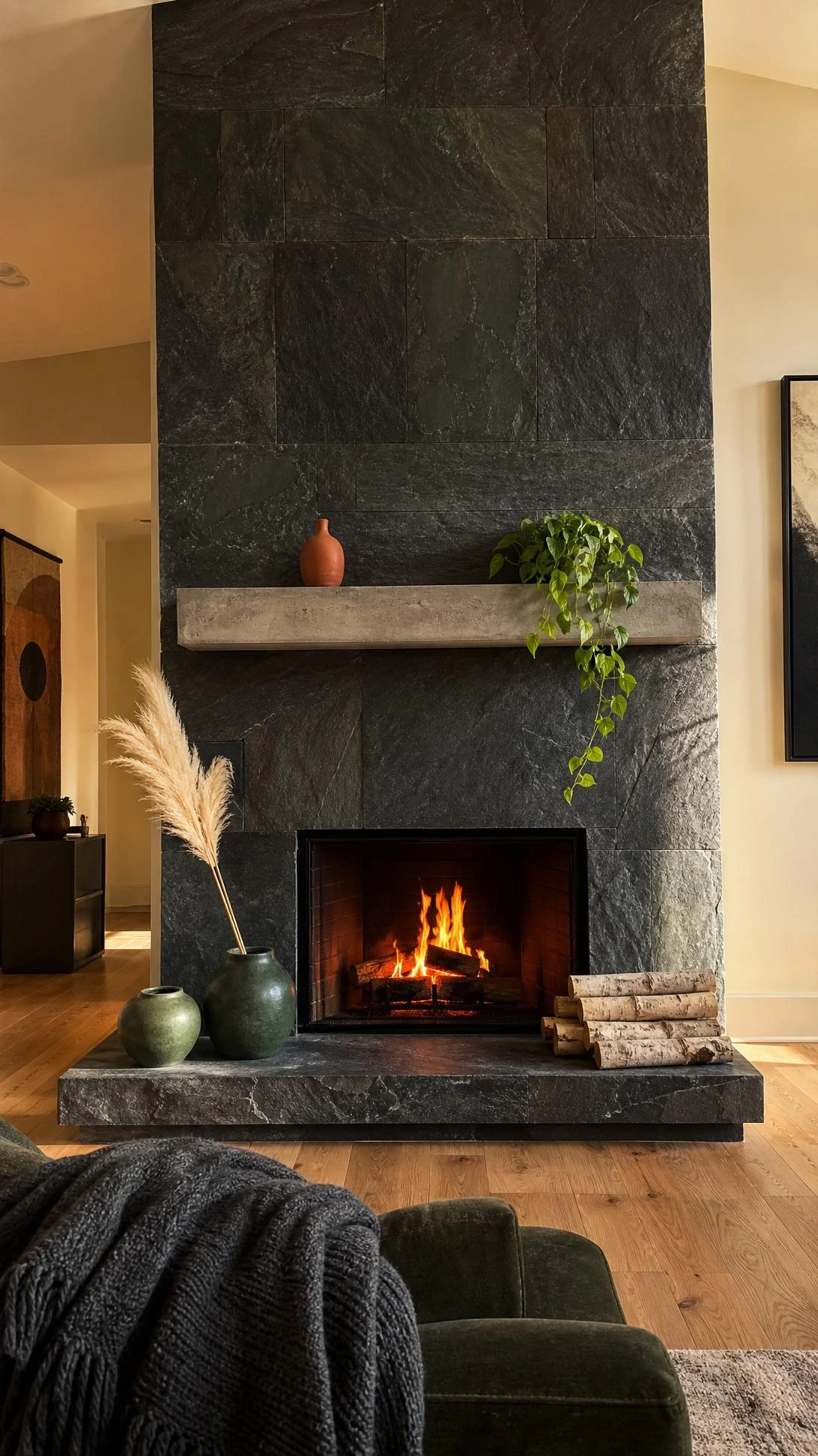 Floor-to-ceiling dark slate fireplace surround with charcoal and graphite panels showing natural blue-black variation, lit by warm afternoon light for a grounded modern fireplace look