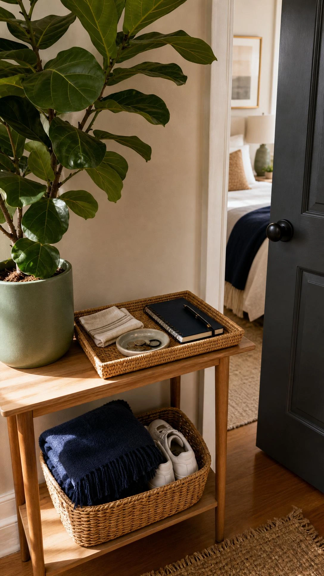 Slim wooden console table beside a bedroom doorway holding a rattan tray with a ceramic dish, folded linen, and a notepad — a simple declutter drop zone that keeps daily chaos contained