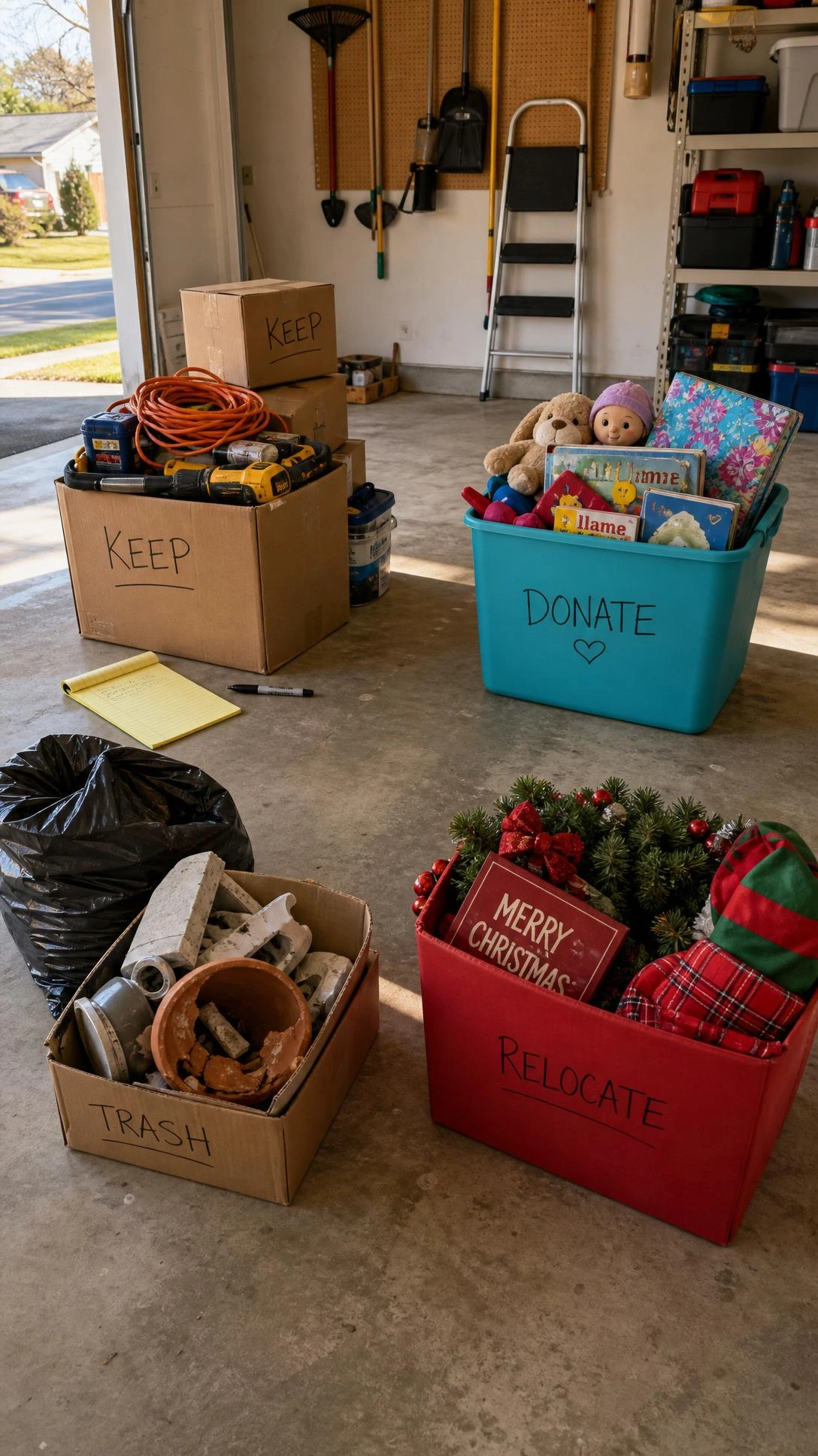 Garage floor organized into four distinct piles for keep, donate, trash, and relocate — the essential first step in any weekend garage declutter project