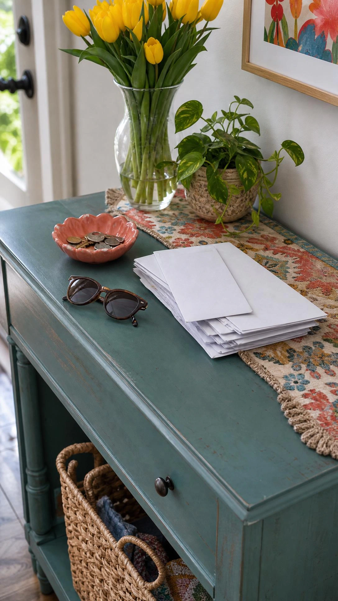 Decluttered muted teal entryway console with a coral dish and scuffs, showing home ideas on a budget for a fresher drop zone