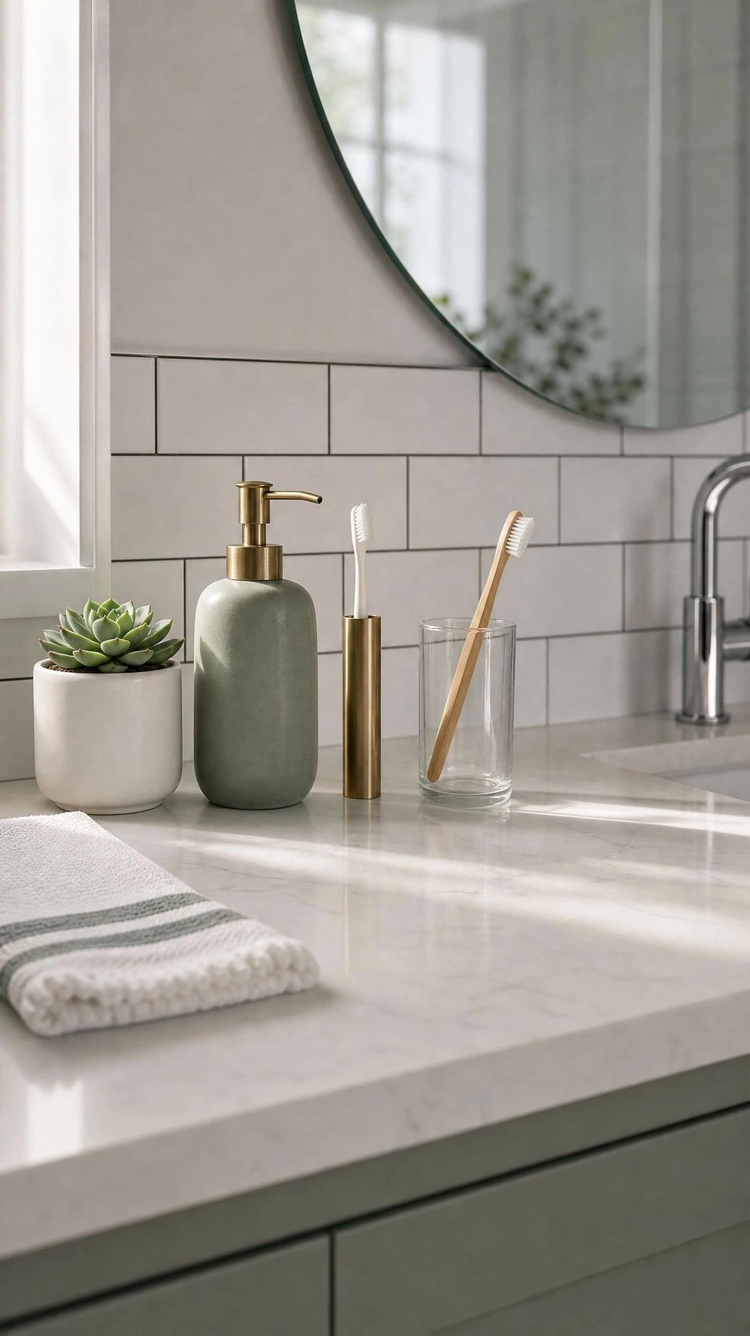 Minimalist bathroom counter styled with sage green soap dispenser, brass toothbrush holder, and small succulent showing budget small bathroom decor done right