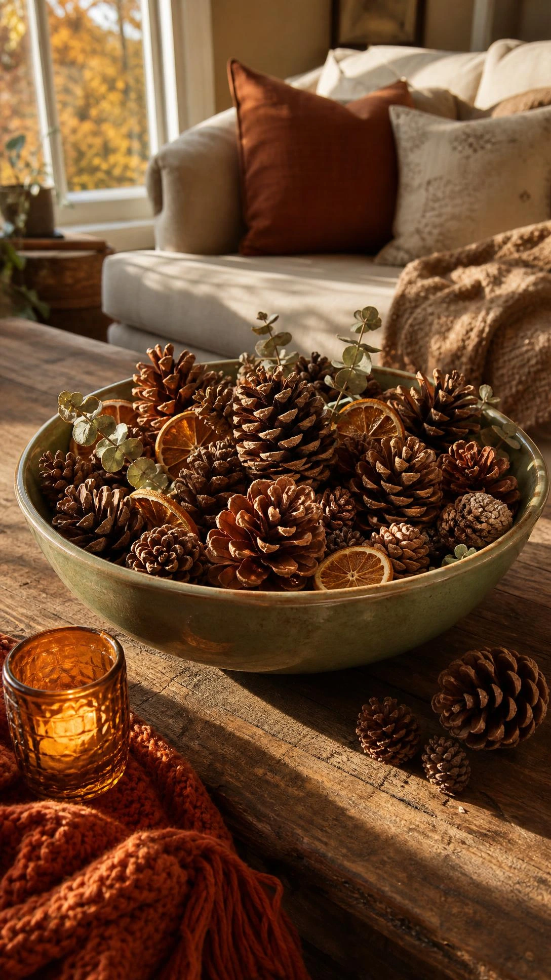 Terracotta ceramic bowl filled with layered pinecones in amber and russet tones on a rustic wooden coffee table — an easy fall decor centerpiece