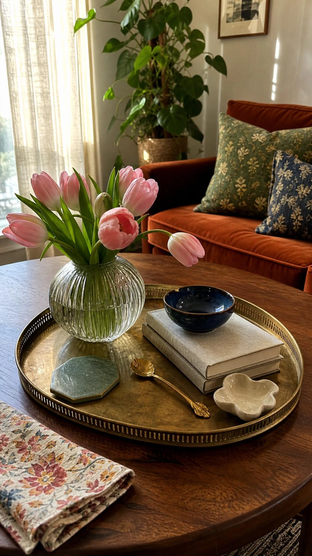 Decorative tray styling on a small apartment coffee table with aged-brass tray, ribbed glass vase, and blush tulips