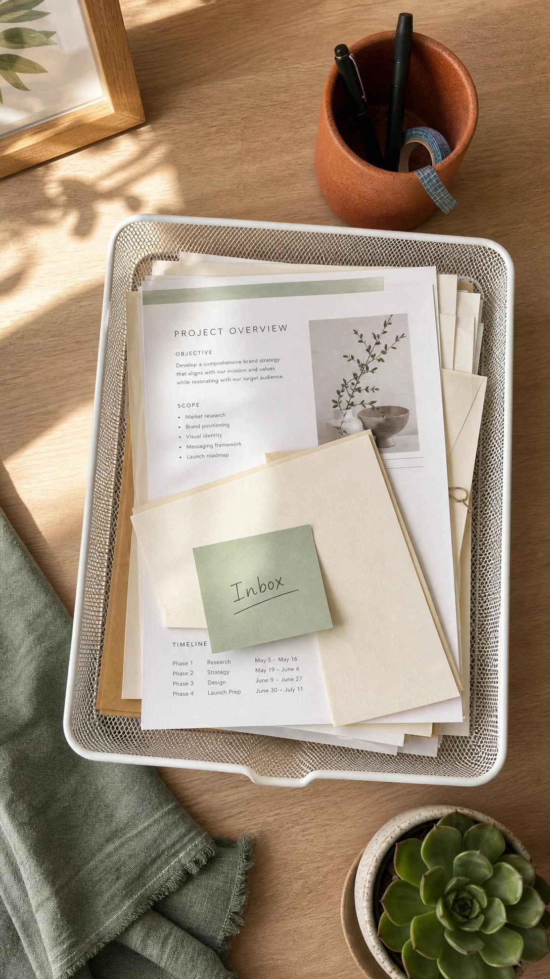 White metal mesh inbox tray on a light wood desk holding sorted papers, envelopes, and a sticky note — a simple home office organization win