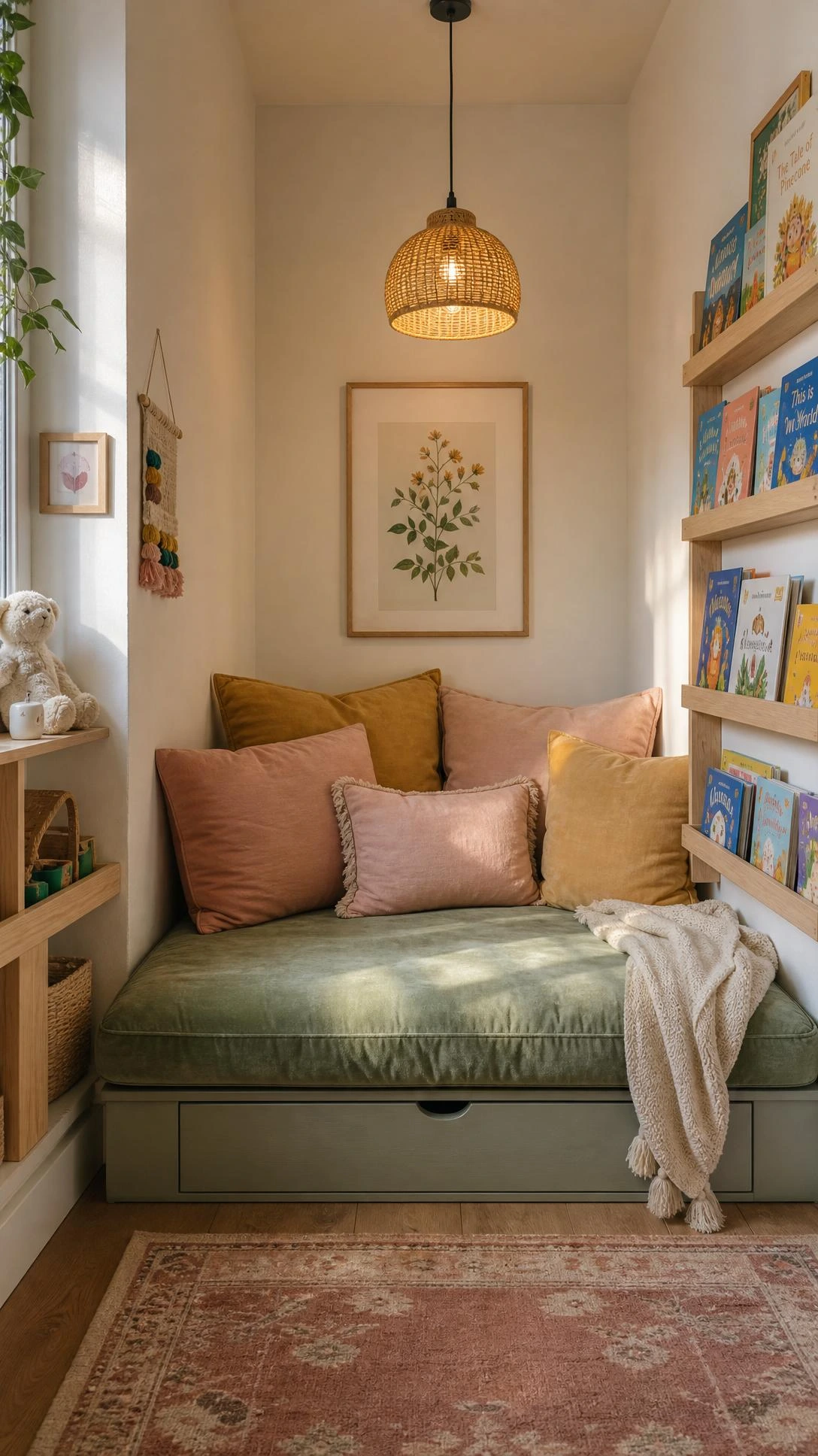 Built-in corner reading nook with sage green velvet bench seat and hidden storage drawer maximizing a small kids bedroom corner