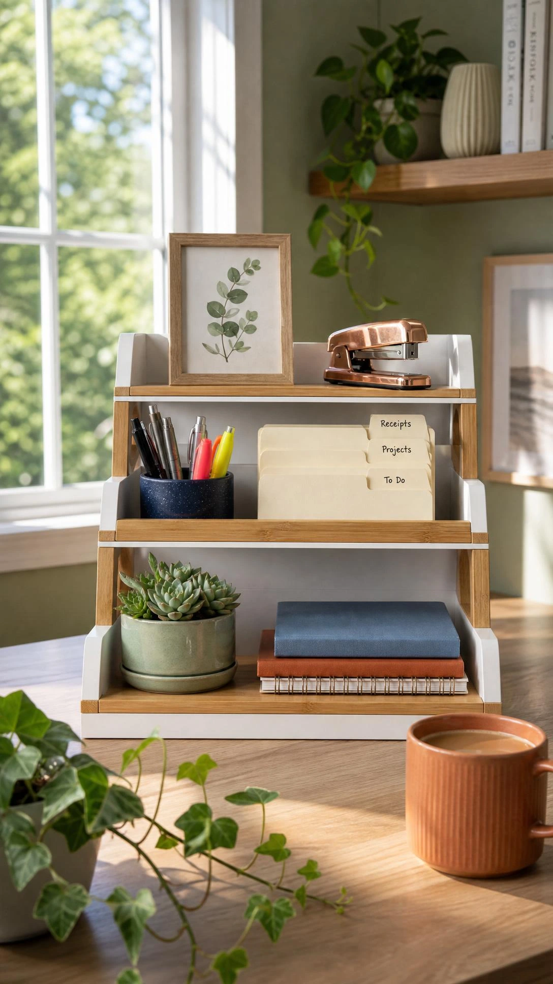 Matte white tiered desktop organizer on a light wood desk with trailing ivy in the foreground and soft daylight from a window above — a simple home office organization upgrade that transforms desk clutter
