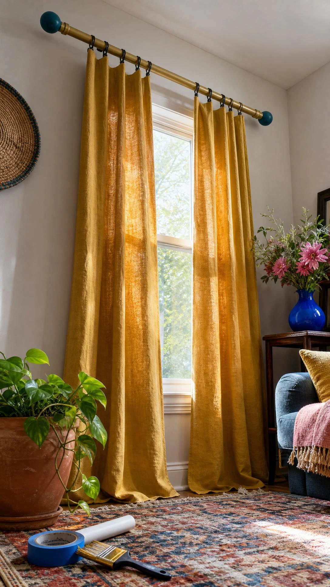 DIY curtain rod made from satin brass-painted PVC above a tall living room window, shot low to show budget-friendly polish