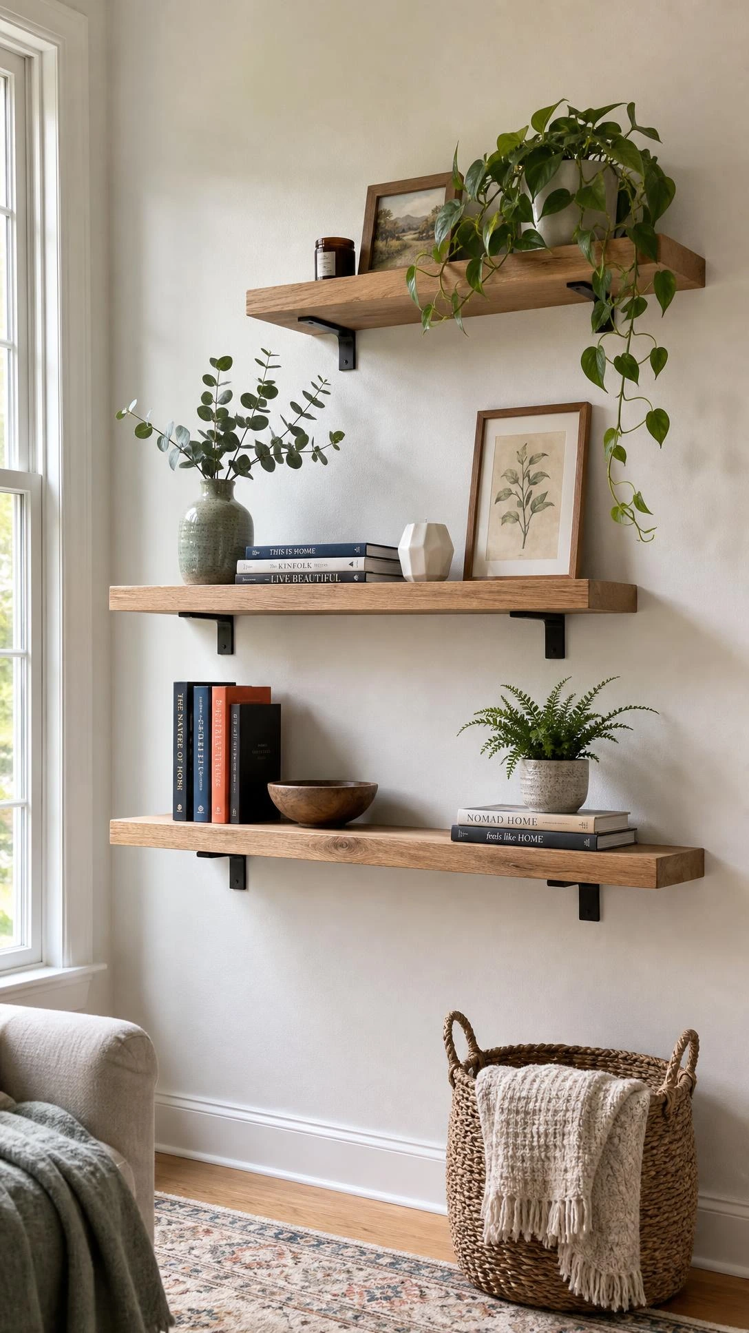 Three staggered light oak floating shelves mounted on a white wall, styled with curated decor in natural daylight — a budget DIY display that looks designer