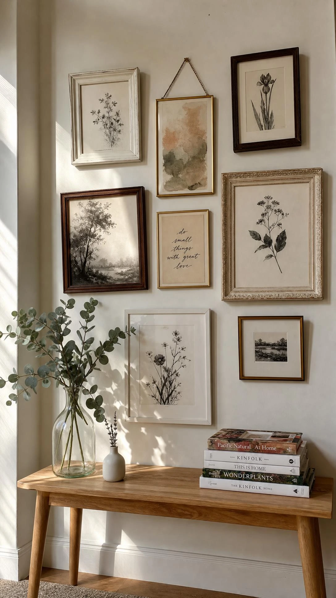 DIY gallery wall in a living room featuring thrifted frames in white wood, brass, and walnut finishes arranged floor to ceiling in an eclectic mix