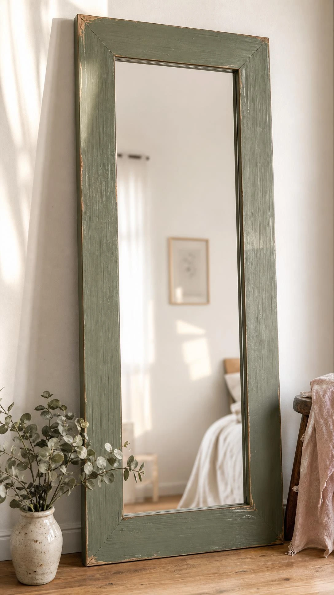 DIY mirror with a chunky dusty sage green painted frame leaning against a white bedroom wall, showing visible brushstroke texture and handmade imperfections that make it look expensive