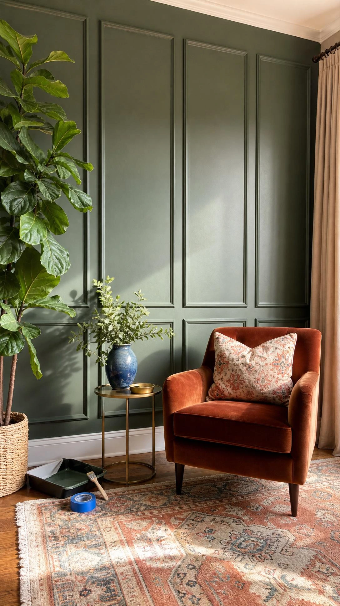 Sage green living room accent wall with DIY picture frame molding panels, showing budget trim that looks custom.