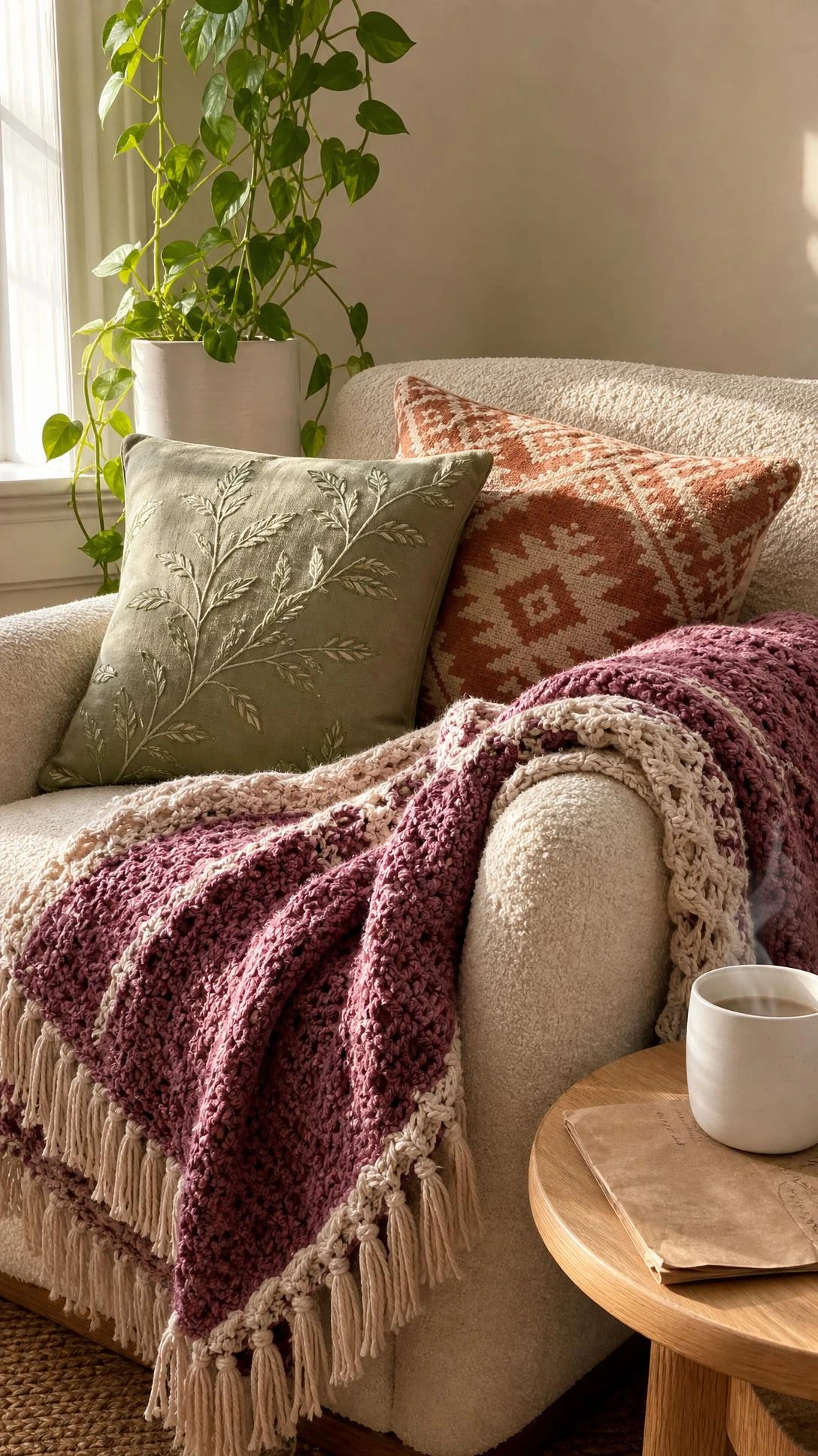 Handmade chunky textured throw in dusty mauve and ivory draped over a cream boucle armchair with DIY cushion refresh — a budget room decor upgrade under $99