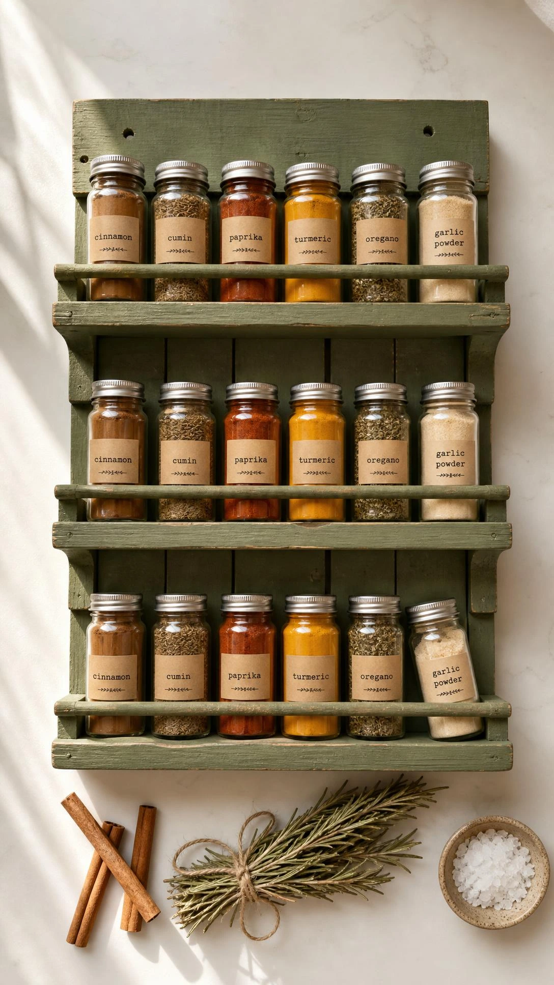 Rustic DIY vertical spice rack with three sage green shelves laid flat overhead, showing handmade construction for easy wall-mounted vertical spice storage