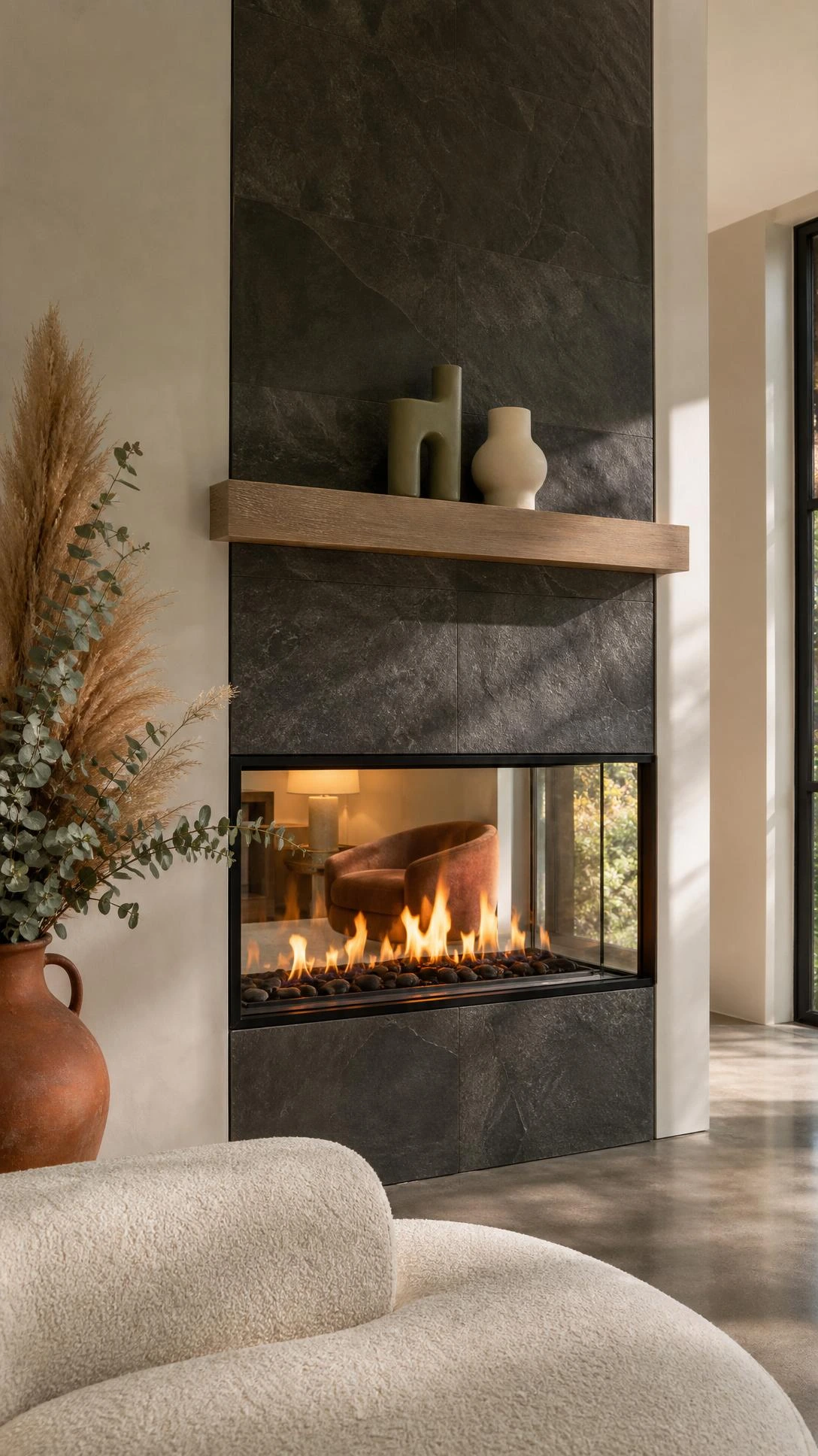Double-sided fireplace with floor-to-ceiling charcoal slate surround dividing a modern living space, glowing amber flames visible through both open sides