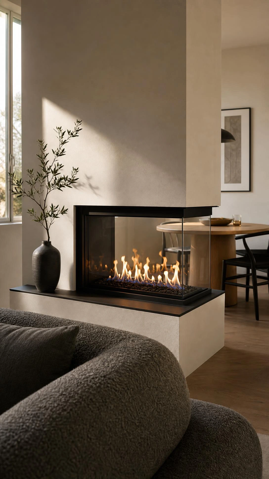 Double-sided see-through fireplace with frameless glass enclosure dividing two small living spaces, showing warm amber and blue gas flames burning cleanly between rooms