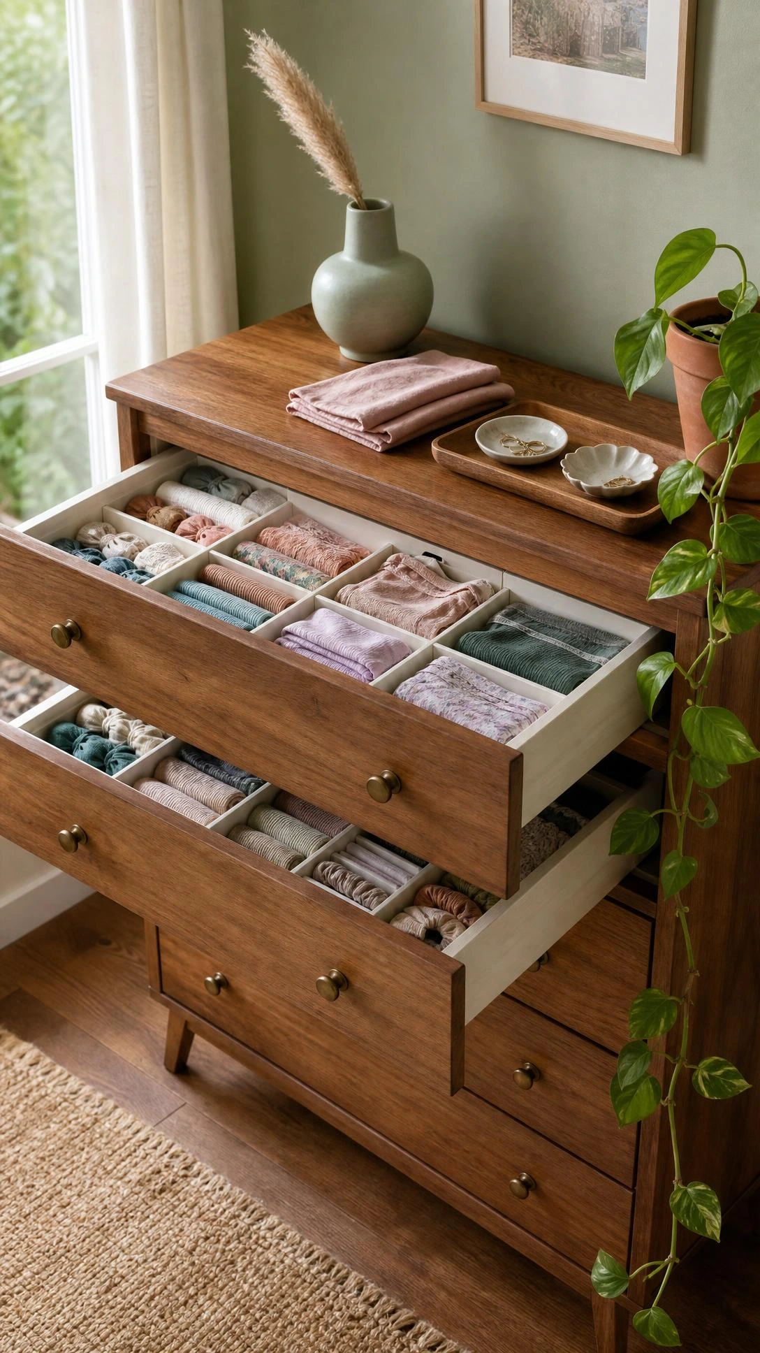 Open dresser drawer with bamboo dividers organizing folded clothes neatly — a simple bedroom organization upgrade that makes the most of drawer space