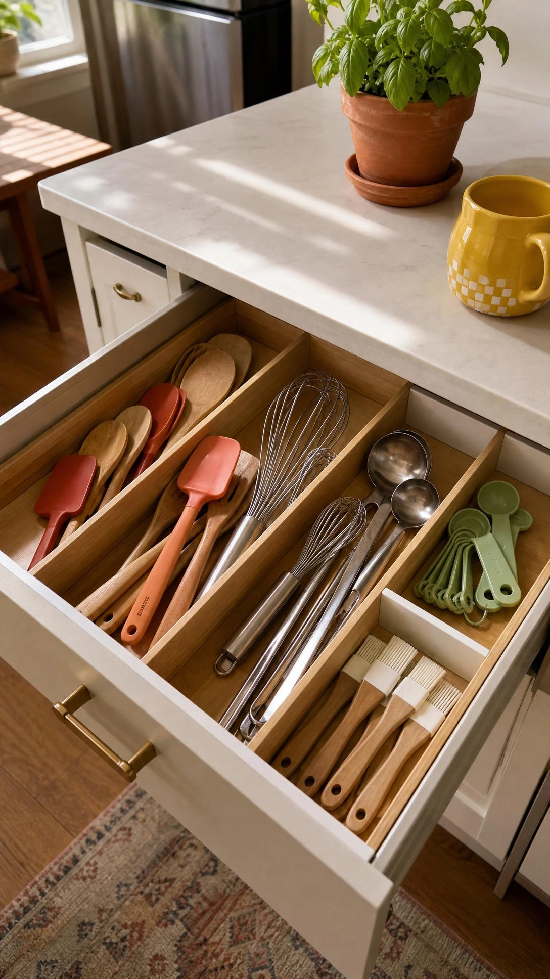 Open kitchen utensil drawer organized with bamboo and white acrylic dividers, each section holding spatulas, whisks, ladles, and measuring spoons for a clutter-free setup