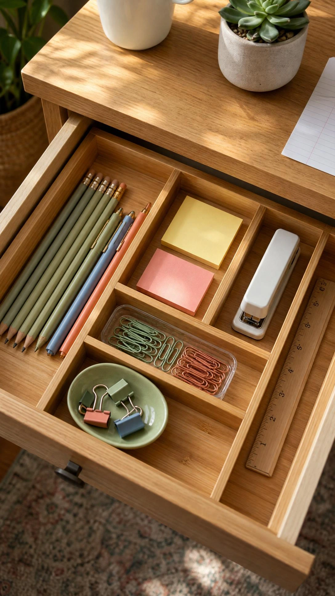 Open desk drawer with wooden organizer insert dividing supplies into neat compartments — pencils, pens, and sticky notes sorted by color for a calm, functional home office setup