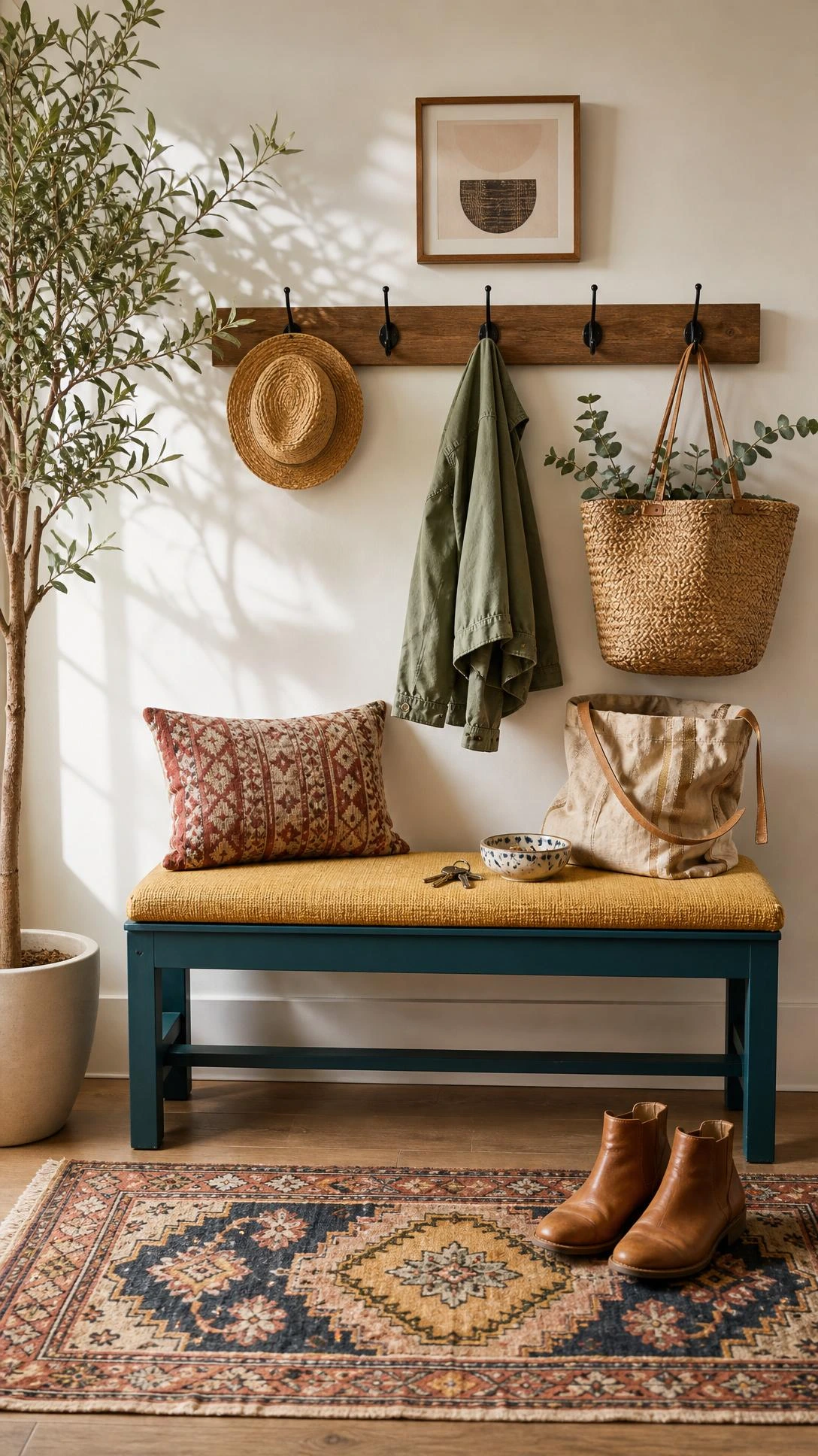 DIY entryway bench and hooks with a deep teal bench, mustard cushion, patterned pillow, and warm off-white wall.