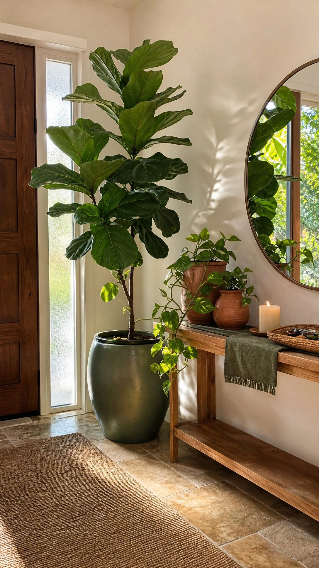 Tall fiddle leaf fig in a sage-green ceramic pot beside a front door, its broad leaves lit by afternoon light streaming through a frosted sidelight window — a bold entryway statement plant that transforms the threshold into a living welcome