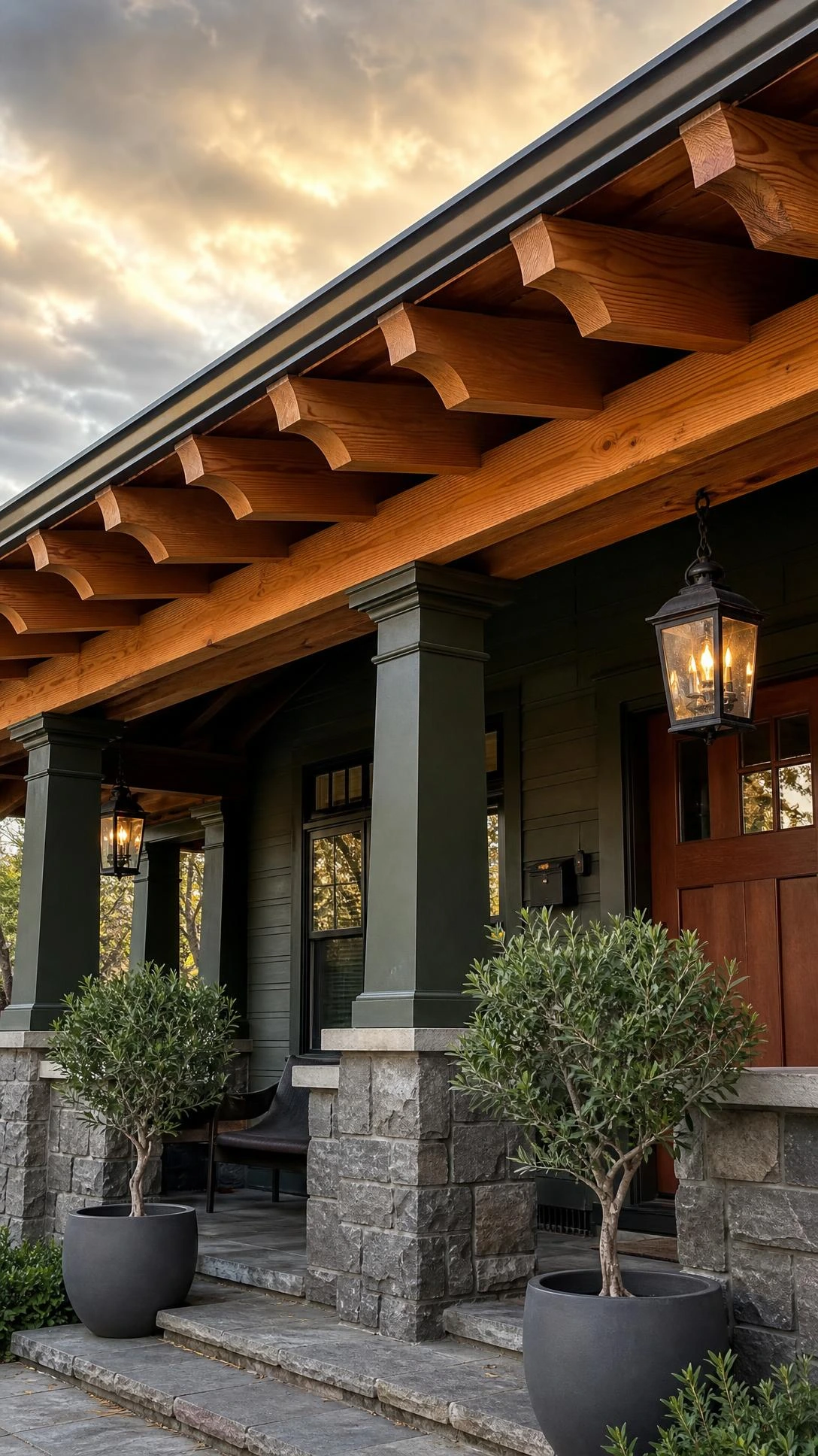 Craftsman porch roof with exposed Douglas fir rafters showing hand-hewn wood grain and decorative tail cuts beneath a gently sloping roofline