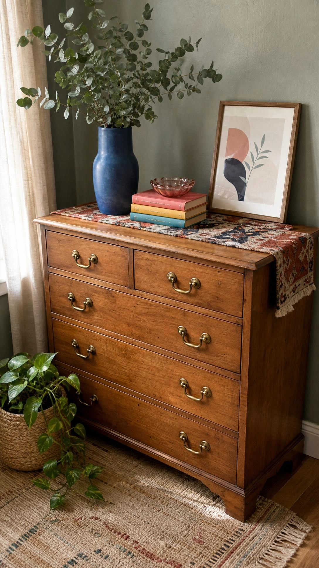 Honey-toned Facebook Marketplace solid wood dresser with brass pulls shows how DIY home decor can look thrifted and polished