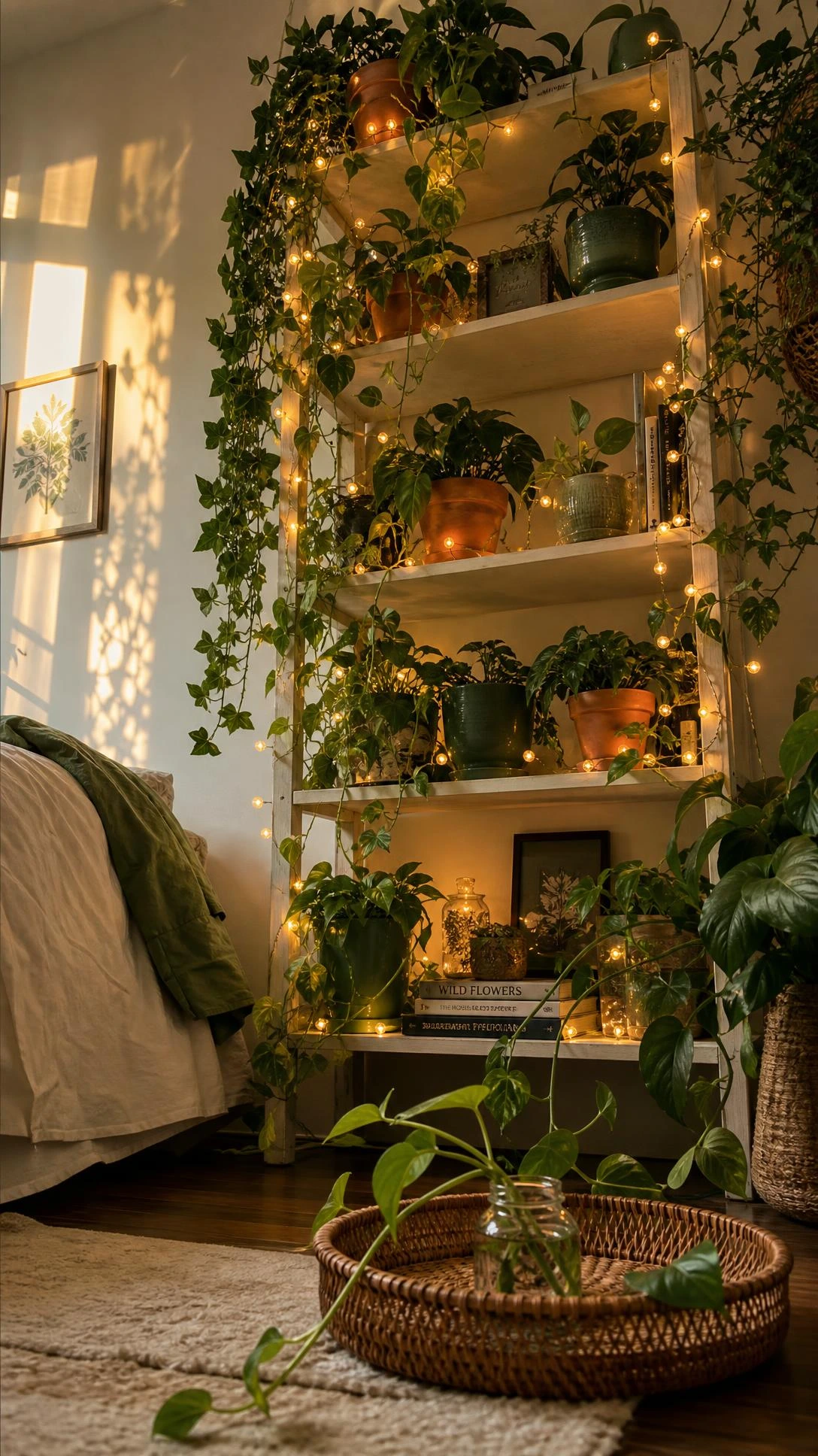 Cozy green aesthetic bedroom corner with fairy lights woven through cascading pothos and ivy on a tall white shelf, glowing warmly at night