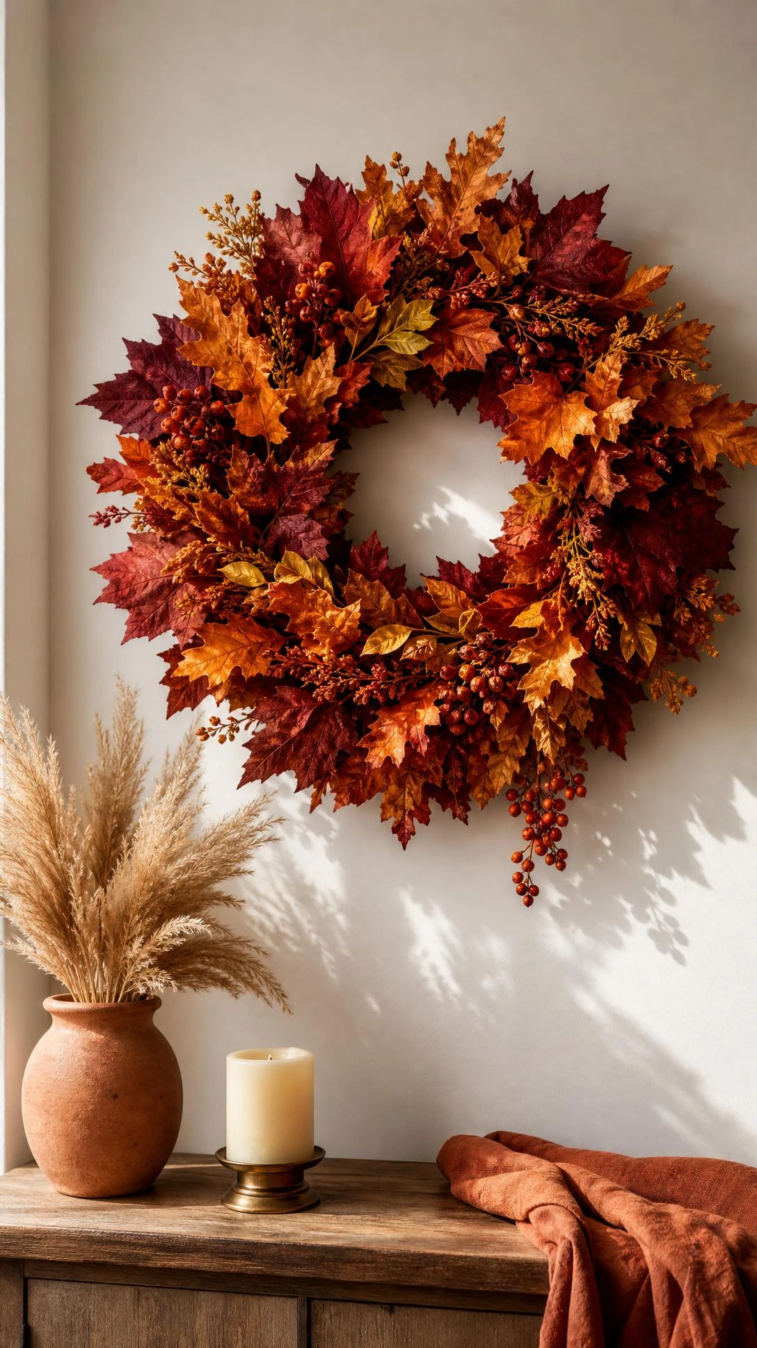 Full fall foliage wreath with burgundy maple leaves, burnt orange oak leaves, golden yellow foliage, and rust berries centered on a white living room wall