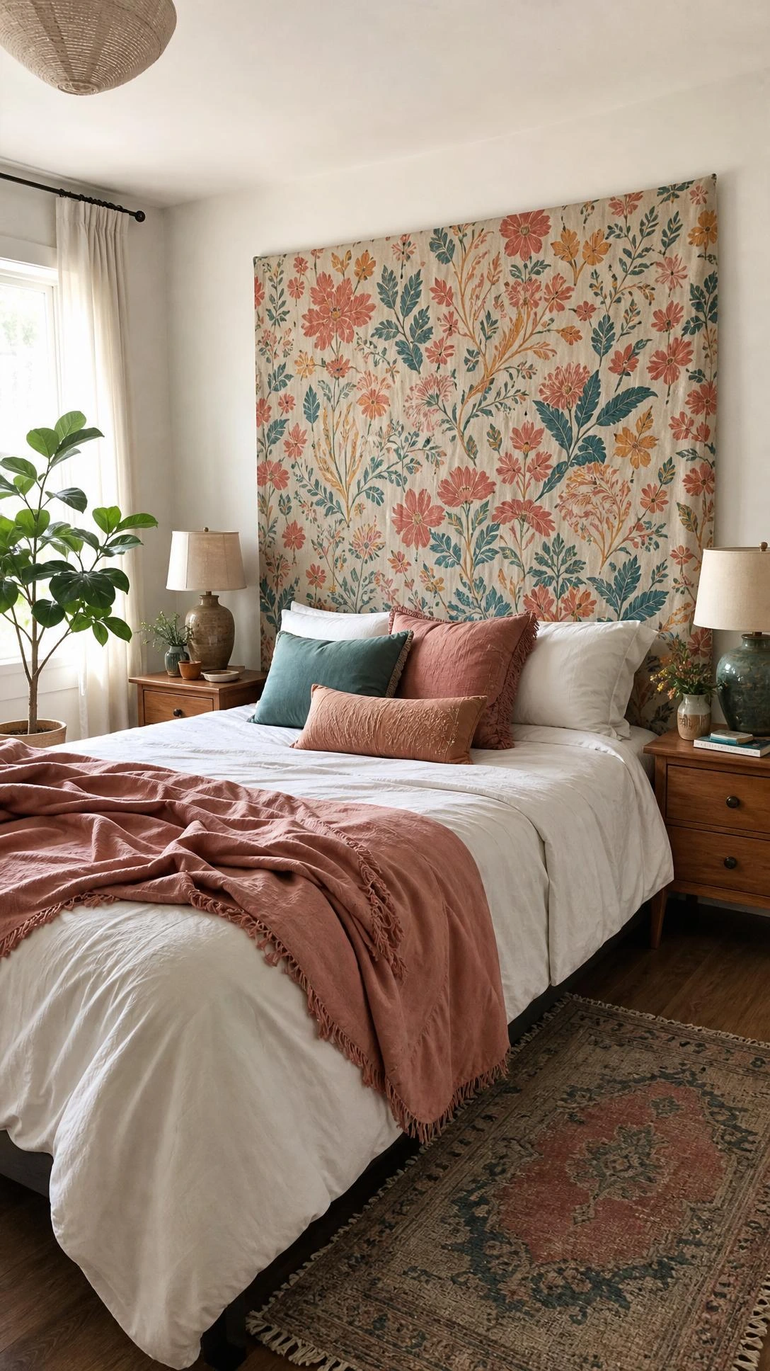 Cozy budget bedroom with a DIY faux headboard with fabric in coral, teal, and mustard hung neatly behind the bed