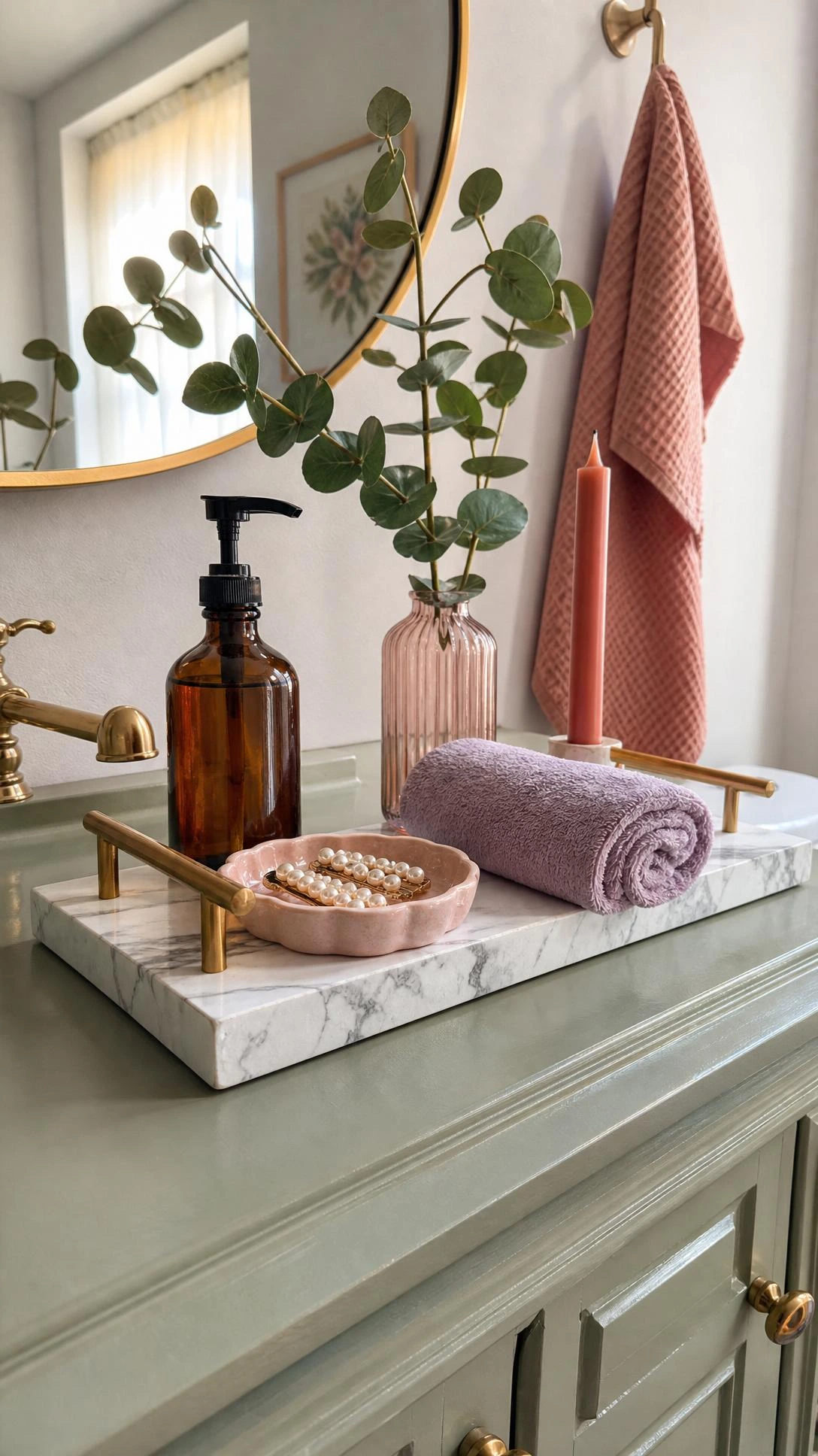 DIY faux marble vanity tray on a sage-green bathroom counter, showing glossy gray veining for budget designer style