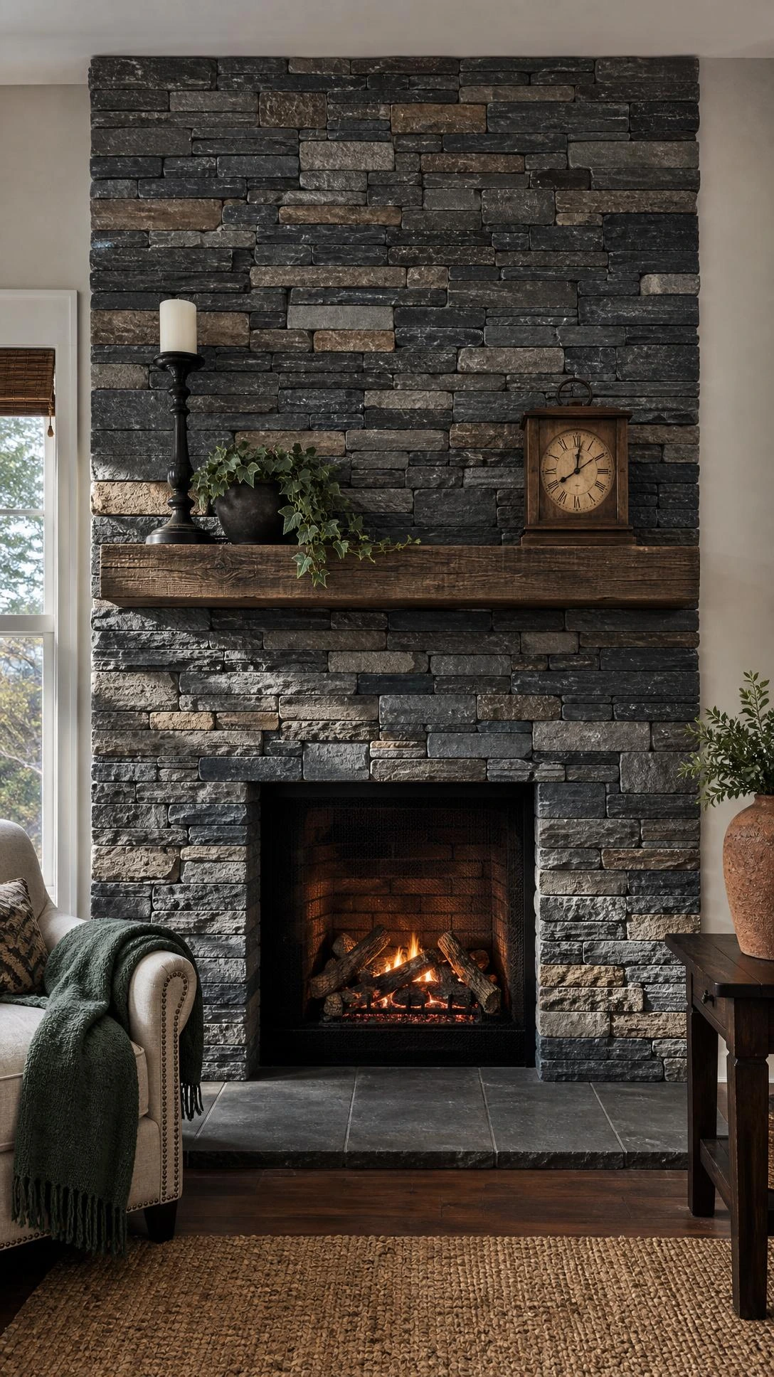 Living room fireplace wall covered in charcoal and slate blue-gray faux stone veneer over old flat brick, transforming the full surround from hearth to mantel
