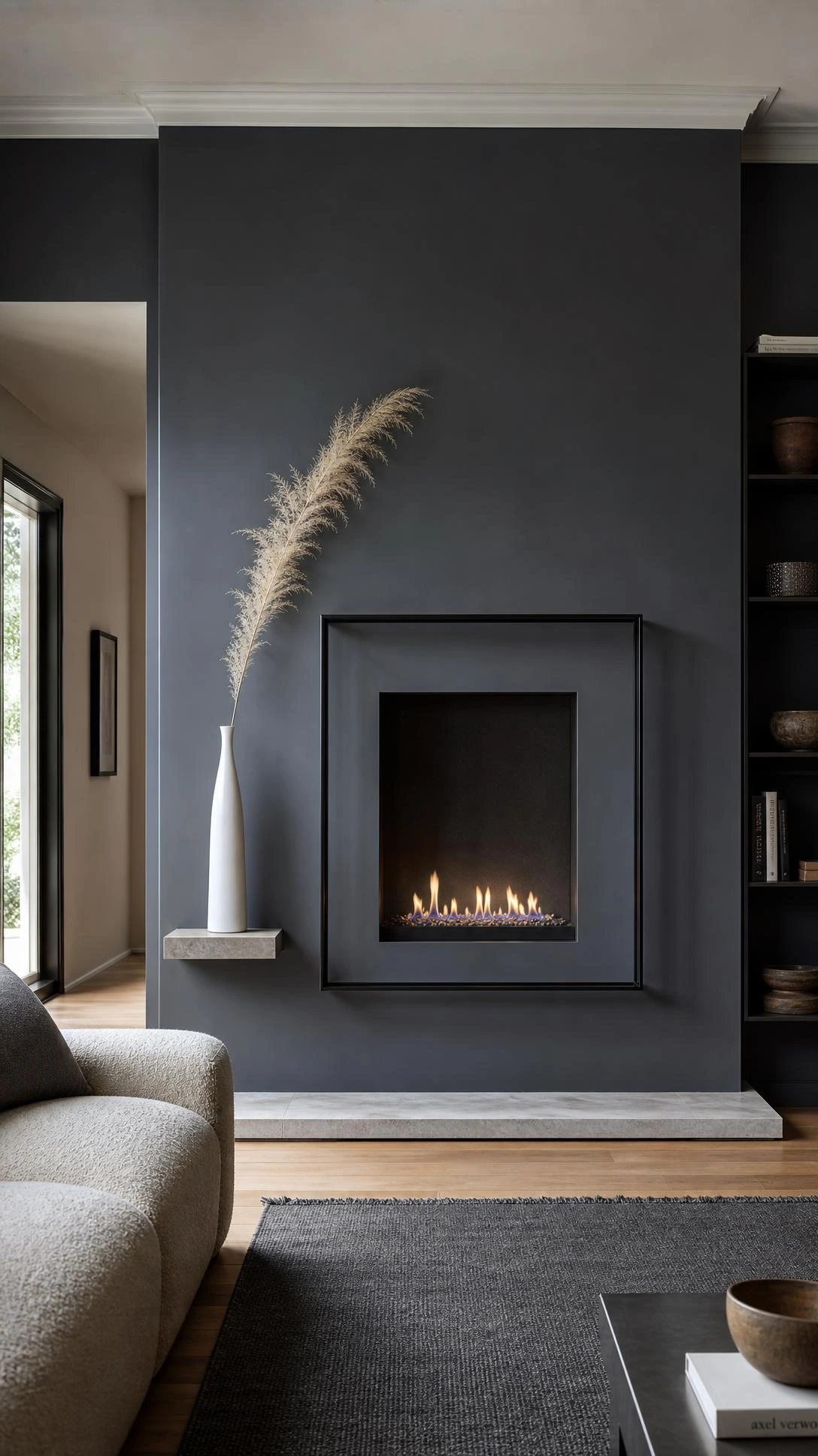 Small living room with a flush wall fireplace framed in a floating matte black steel border, styled as a sculptural art installation from floor to ceiling
