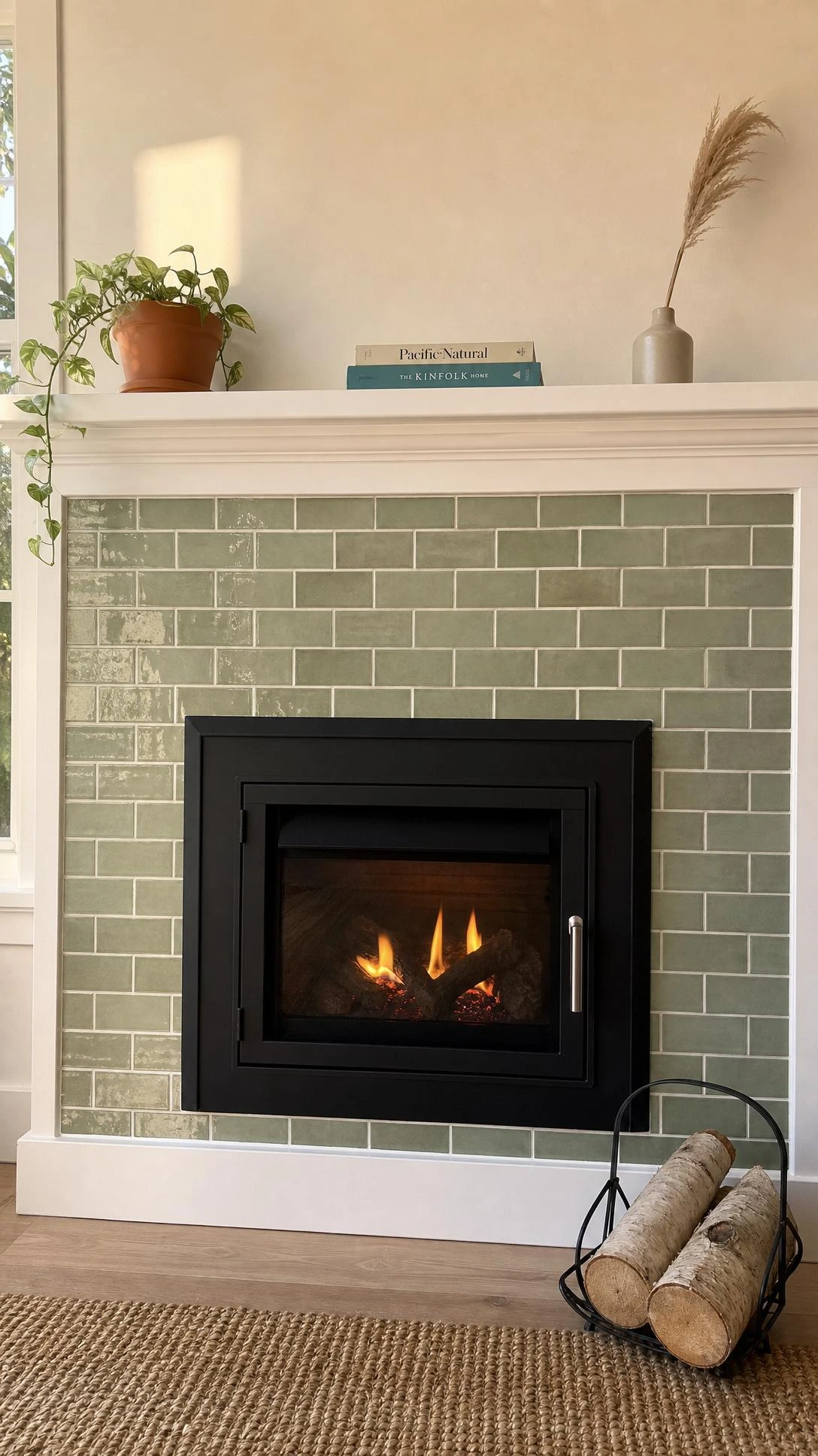 Sage green handmade subway tile surround framing a matte black fireplace insert, with glazed tile variations creating organic texture and warmth
