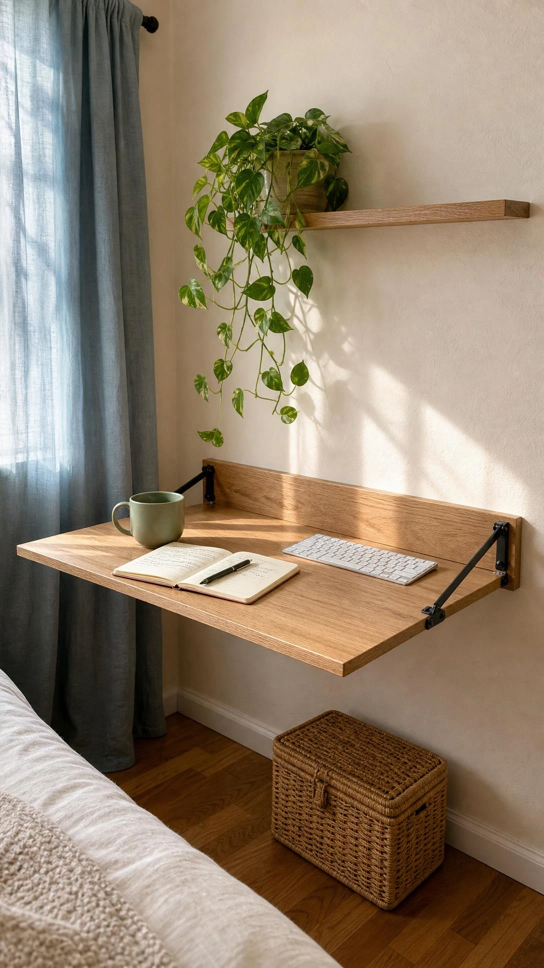 Wall-mounted floating desk folded open in a small bedroom, showing light oak surface with matte black brackets, styled with a sage mug and open notebook — a smart bedroom organization idea for tight spaces