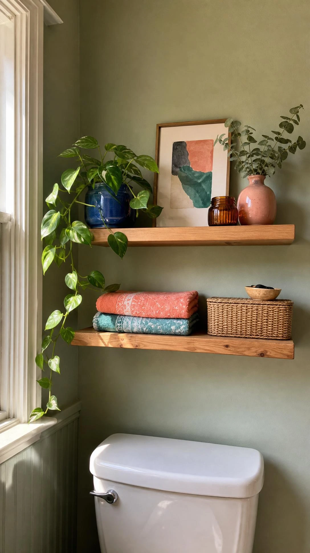 Floating shelves above toilet on a sage-green bathroom wall, styled over a white tank in warm window light