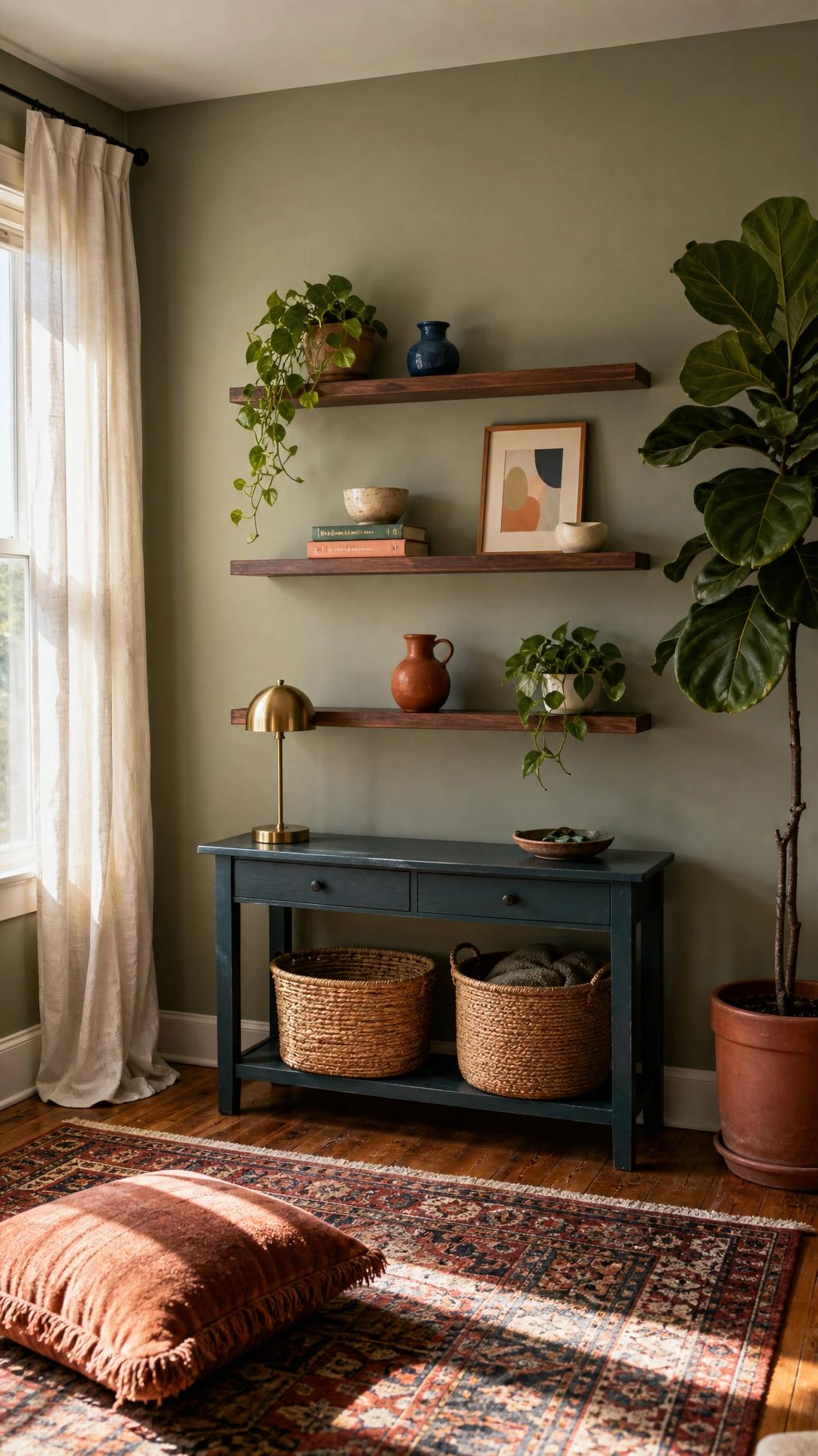 Walnut floating shelves on a sage wall show DIY home decor ideas on a budget with airy spacing and designer-style styling