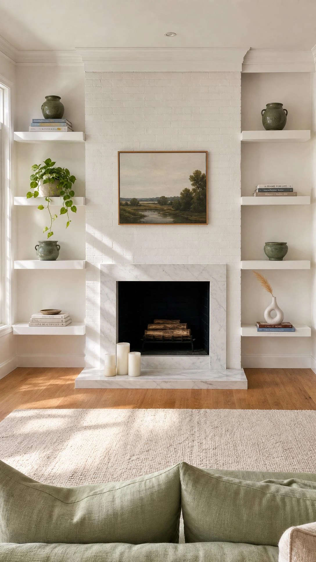 Bright living room fireplace wall with minimalist floating white shelves on both sides, showing full floor-to-ceiling height for a light, airy storage look