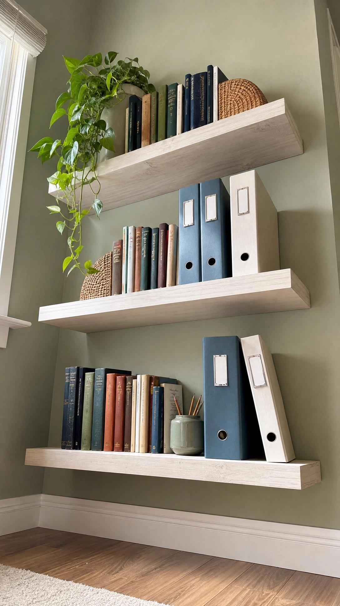 Three floating white wooden shelves mounted on sage-green wall, stacked vertically with color-coordinated hardcover books and rattan bookends — a home office organization idea that maximizes vertical storage