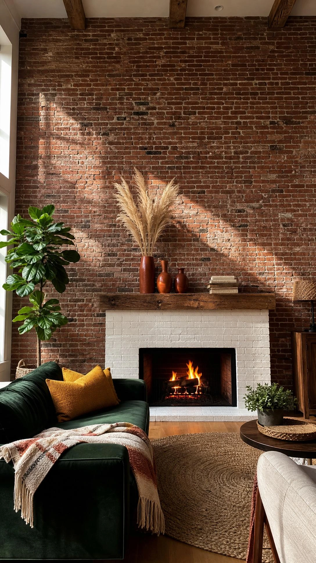 Floor-to-ceiling exposed brick fireplace wall in a cozy living room, showing full height red and terracotta brick from hardwood floors to ceiling with white-painted surround