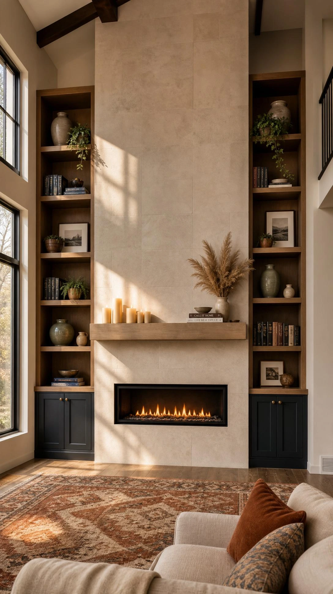 Floor-to-ceiling fireplace wall with built-in shelving flanking a stone-clad linear gas fireplace insert glowing with warm amber flames in a dramatic living room makeover