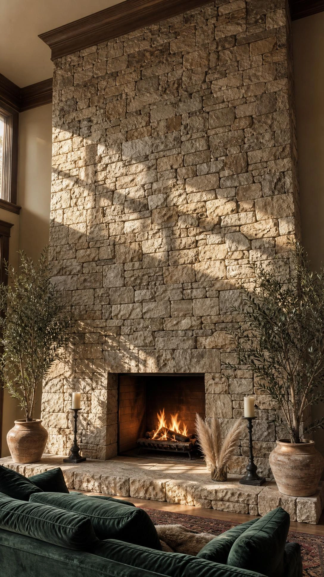 Floor-to-ceiling stacked limestone fireplace surround in warm cream and taupe tones anchoring a luxurious living room with dramatic vertical impact