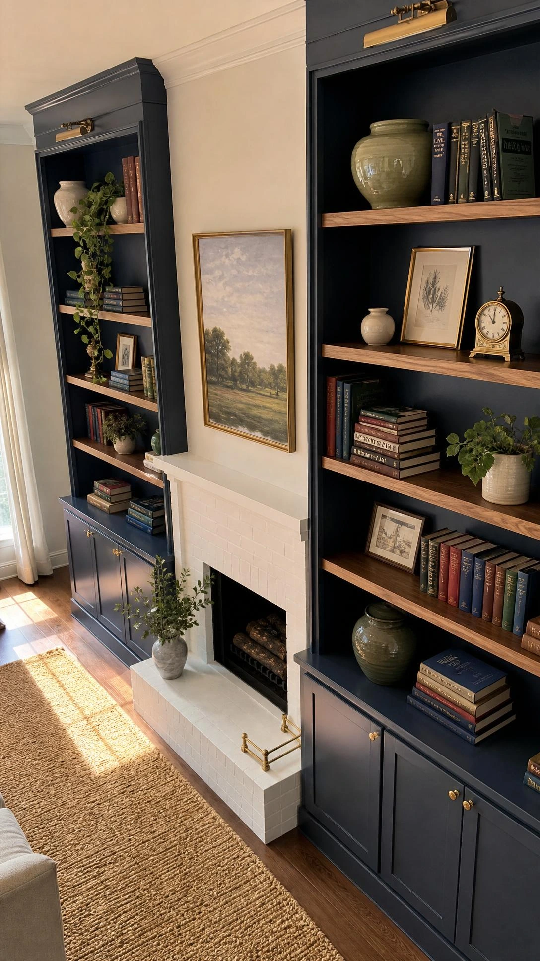 Floor-to-ceiling built-in bookcases flanking a white fireplace with navy lower cabinets and open upper shelves styled with jewel-toned hardcover books